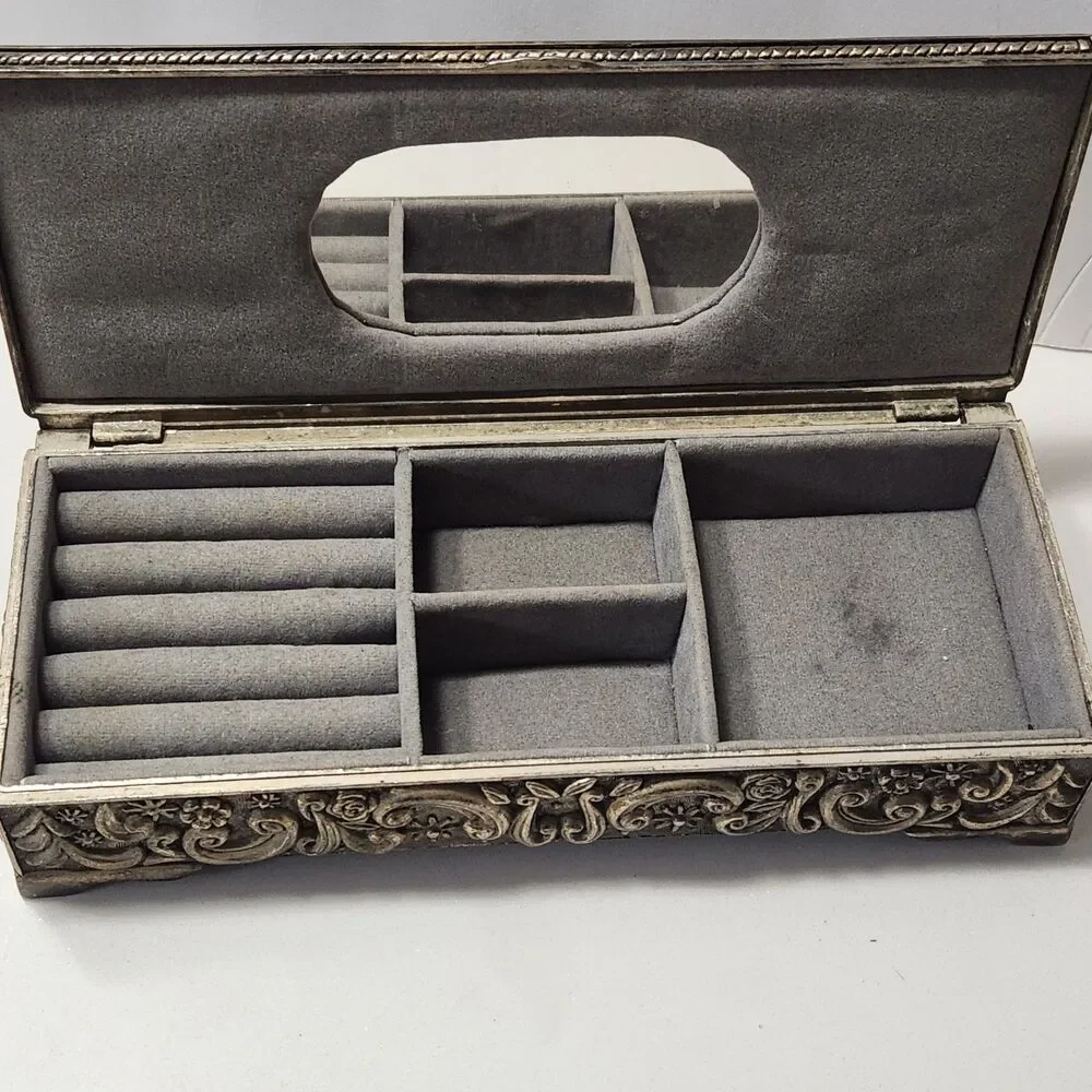 Godinger Vintage 1992 Silver Plate Ornate Rectangle Jewelry  Hinged Box Velvet